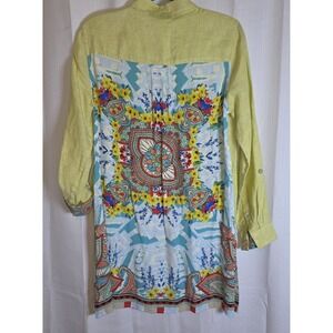 John Mark Women's Artsy Boho Floral Button Up Linen Tunic Top Size Medium